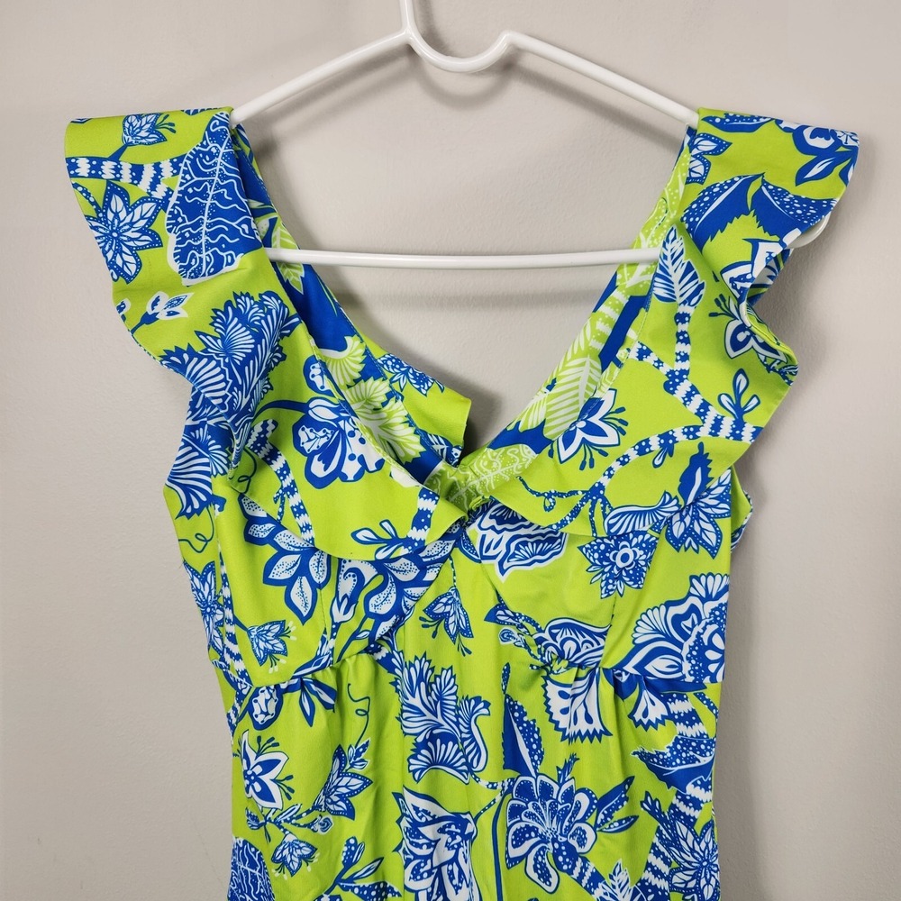 Gretchen Scott Fling Fantasy Dress Lime Green Blue Floral Size XS Ruffle V Neck - Picture 7 of 13
